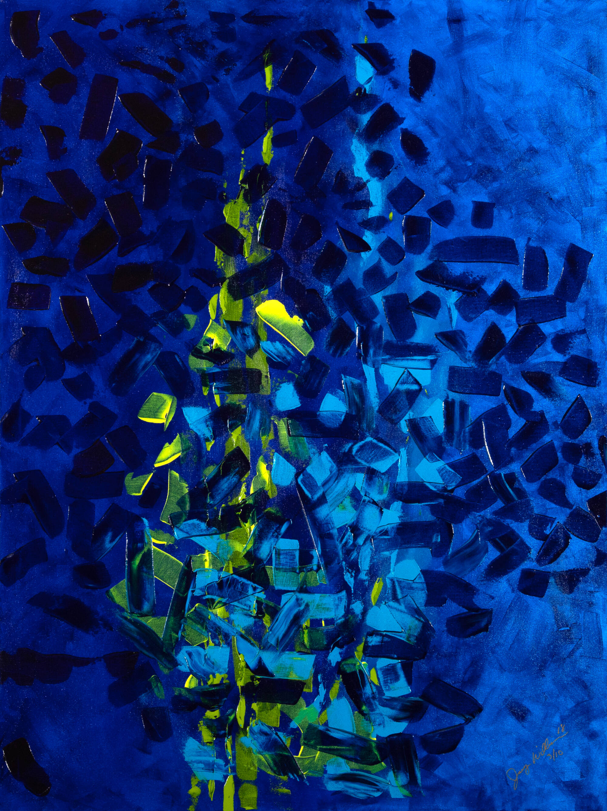 Abstract painting with clear brush strokes in different shades of blue and green.